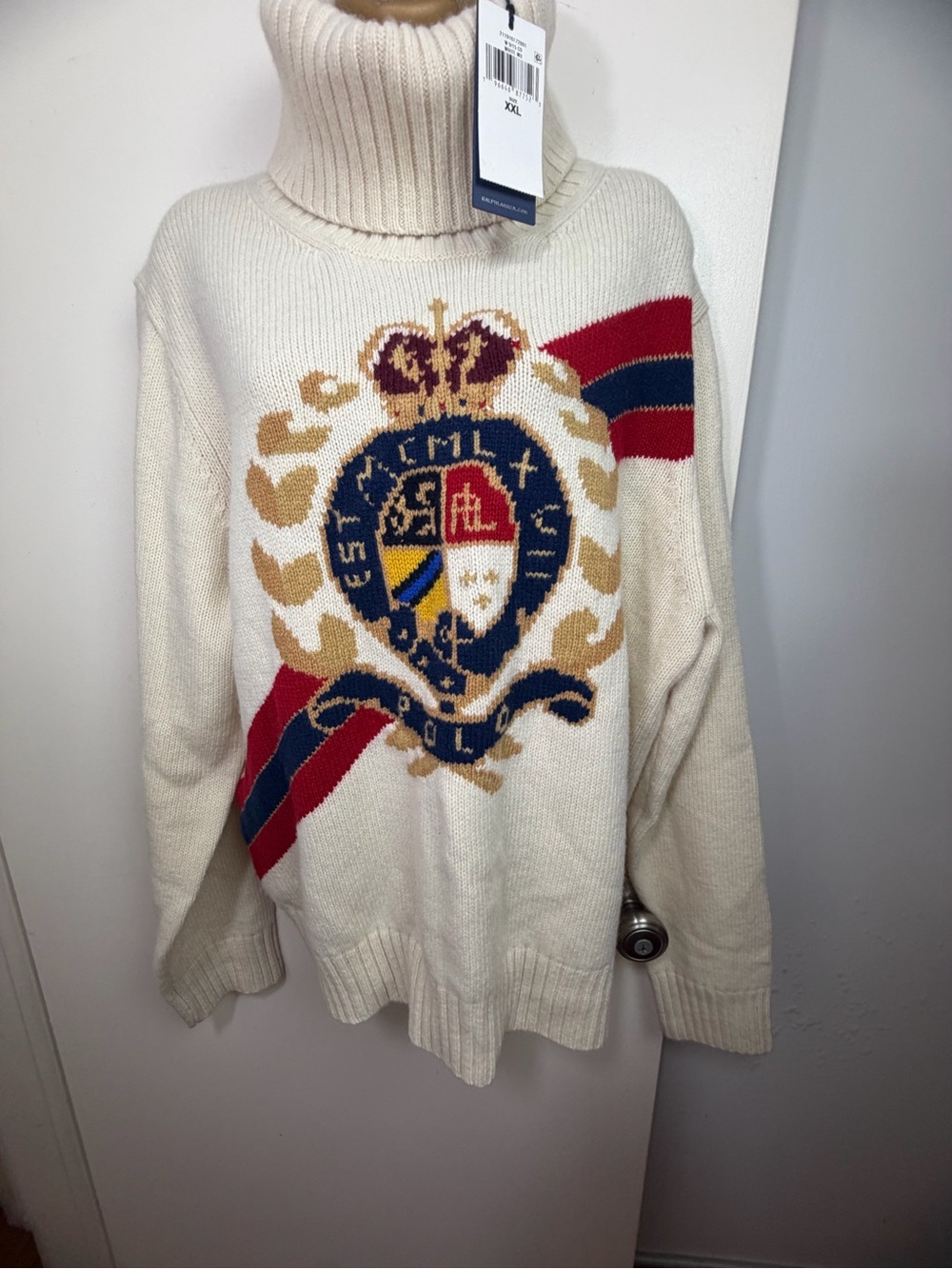 Polo Ralph Lauren CreamRed Intarsia Crest Wool Preppy Turtleneck Sweater XXL NWT - Picture 8 of 16